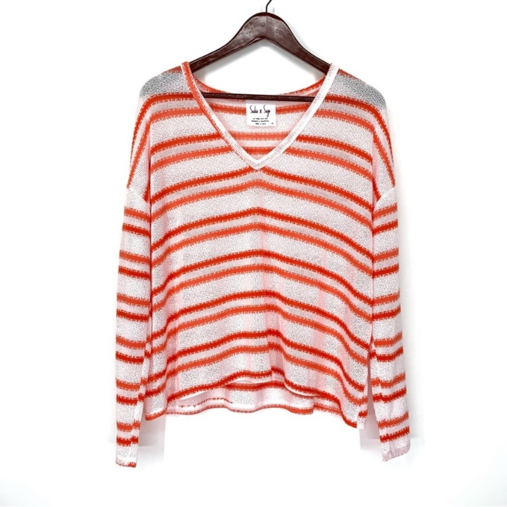 Sadie & Sage White & Orange Striped Wide Knit V-Neck Coastal Sweater